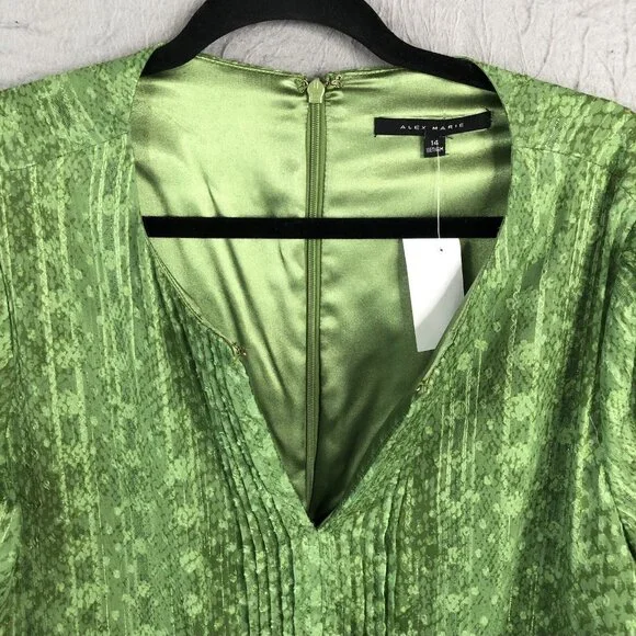 Alex Marie Dress Womens 14 Green Metallic Gold Pleats Shiny Event Occasion NEW - Picture 12 of 16